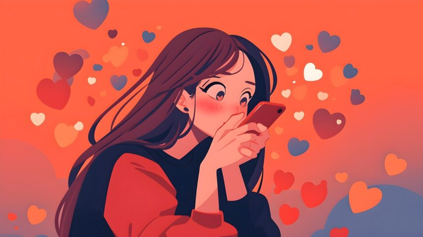 ai generated, woman, phone, hearts, cute, cartoon, manga, valentine, romantic, dating, app, dating app, online, internet, technology, communication, people, mobile, anime, app, app, app, app, app, dating app